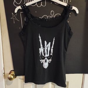Handmade Black Lace Trim Skeleton Graphic Tank Top